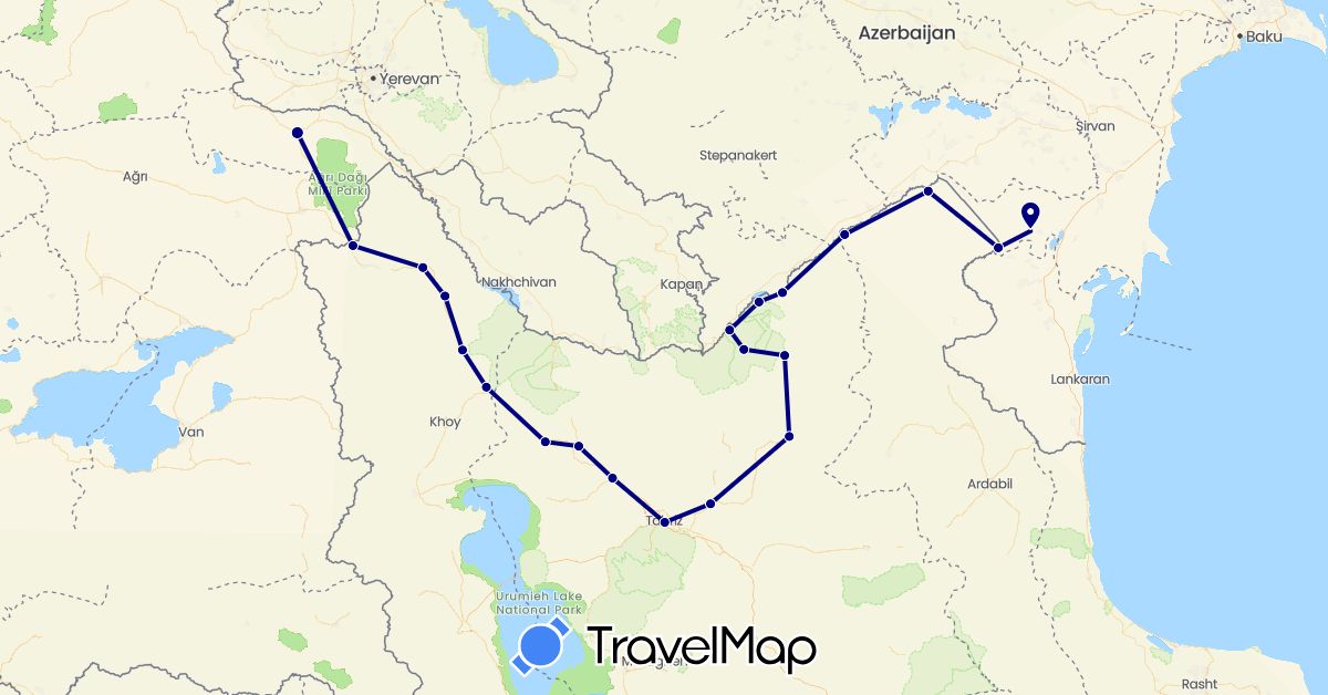 TravelMap itinerary: driving in Azerbaijan, Iran, Turkey (Asia)